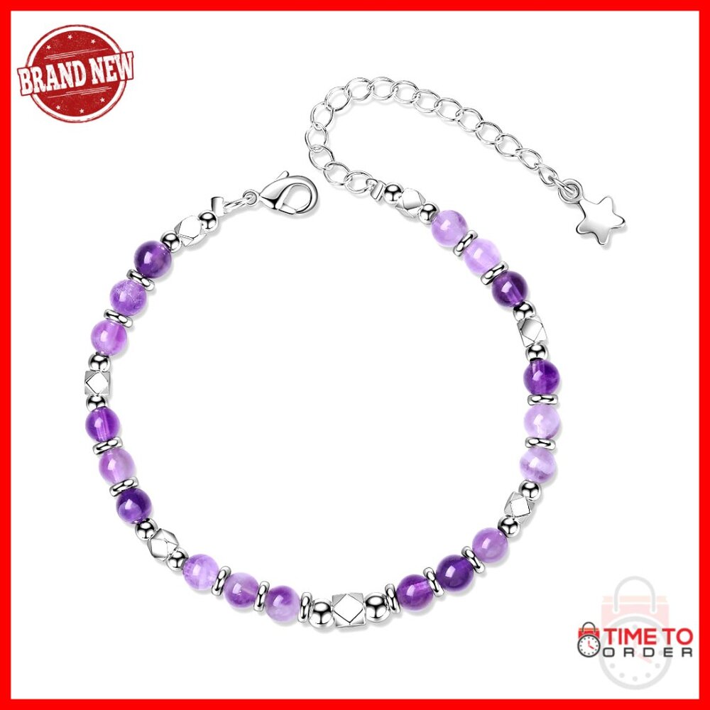Adjustable Sterling Silver Crystal Bracelet With Amethyst Beads